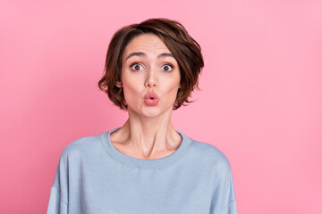 Photo of impresse millennial bob hairdo lady look camera wear blue sweatshirt isolated on pink color background