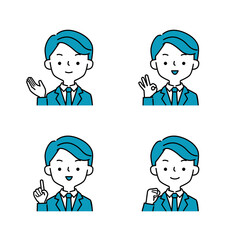 ポジティブなポーズと表情のスーツを着たビジネスマンのシンプルなイラストセット