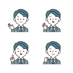 ポジティブなポーズと表情のスーツを着たビジネスマンのシンプルなイラストセット