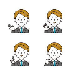 ポジティブなポーズと表情のスーツを着たビジネスマンのシンプルなイラストセット