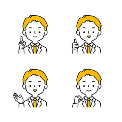 ポジティブなポーズと表情のスーツを着たビジネスマンのシンプルなイラストセット