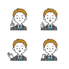 ポジティブなポーズと表情のスーツを着たビジネスマンのシンプルなイラストセット