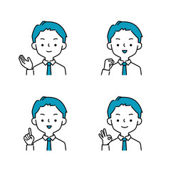 ポジティブなポーズと表情のスーツを着たビジネスマンのシンプルなイラストセット