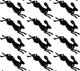 Racing black hare seamless vector pattern on white background.