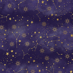 Obraz na płótnie Canvas Starry night seamless pattern. Hand drawn background with celestial objects.