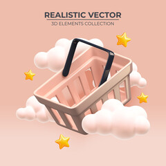 Realistic holiday design of Trendy color shopping cart around the clouds and stars. Festive background with luxury shopping basket. 3d render object. Holiday banner, web poster. vector illustration