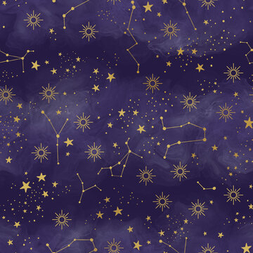 Starry night seamless pattern. Hand drawn background with celestial objects.