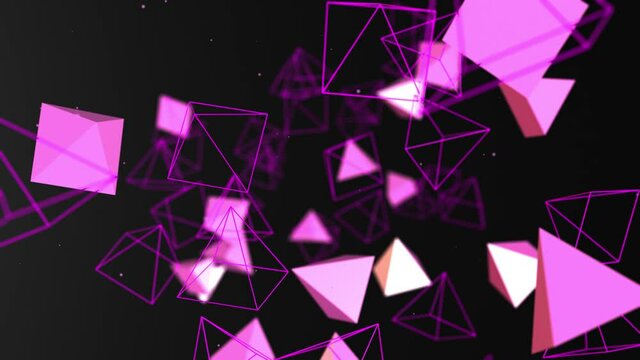 Abstract flying pyramids chaotic form of low poly in empty space.