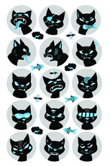 Set of Cartoon Cats in Different Poses, sticker set, posters, t shirt, cards