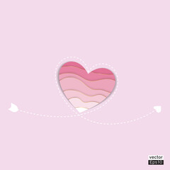 Pink paper heart with gold  with White arrow pattern isolated piink background.Vector illustrator.