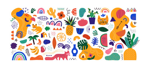 Fototapeta na wymiar Set of colorful trendy shapes in childish hand drawn style. Modern flat drawing cartoon collection. Summer jungle decoration and exotic tropical animals on isolated white background.