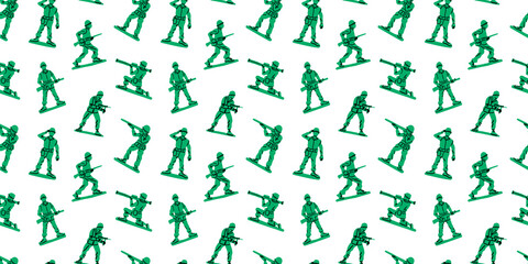 Retro toy soldier doodle seamless pattern illustration. Colorful 90s style green military men background for nostalgia concept or children game print.