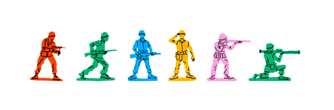 Colorful retro toy soldier collection on isolated white background. Vintage 90s style hand drawn cartoon character for children game or military combat concept.