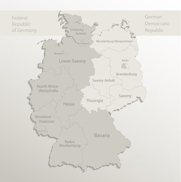Germany map divided on West and East Germany with regions, card paper 3D natural vector