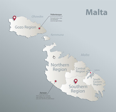 Malta regions map with names, blue white card paper 3D vector