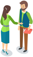 Distributor advertises, promotes to customer. Advertising proposal, marketing strategy, promotion concept. Man and woman communicate, discuss. Male character standing with book in his hands