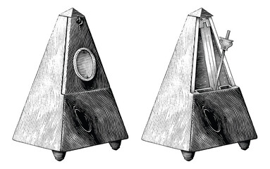 Vintage metronome hand draw vintage engraving style black and white clipart