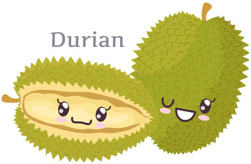Durian sticker kawaii icon vector design. Adorable charming tropical fruit with positive emotion, japanese culture symbol anime. Exotic food with smiling face. Facial expression in cute oriental style