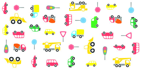 Seamless pattern with cars and road signs. Cartoon background for Kids. Vector illustrations