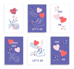 Set Valentine's Day greeting cards with art line rose, shoes, boots abstract shapes and slogans. Vector illustrations for season invitations, cards, posters and flyers.