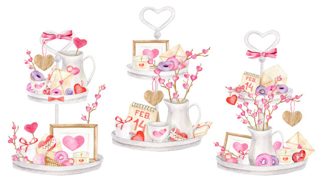 Watercolor Valentine's day arrangements set. Hand drawn white tiered tray illustrations with cute decor isolated on white background. Romantic serving stands in farmhouse style for cards, wedding