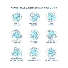 Starting delivery business turquoise concept icons set. Shipping service idea thin line color illustrations. Isolated outline drawings. Editable stroke. Roboto-Medium, Myriad Pro-Bold fonts used