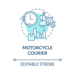 Motorcycle courier turquoise concept icon. Transport for delivery business abstract idea thin line illustration. Isolated outline drawing. Editable stroke. Roboto-Medium, Myriad Pro-Bold fonts used