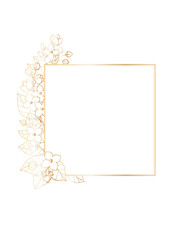 Rectangular postcard template with square frame in the center decorated with Syringe, mock-orange, Philadelphus flowers. Vector illustration with golden gradient outline.
