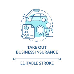 Take out business insurance turquoise concept icon. Delivery security abstract idea thin line illustration. Isolated outline drawing. Editable stroke. Roboto-Medium, Myriad Pro-Bold fonts used