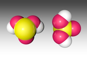 Space-filling molecular model of sulfurous or sulfuris acid. Atoms are represented as spheres with conventional color coding: hydrogen (white), sulfur (yellow), oxygen (red). 3d illustration