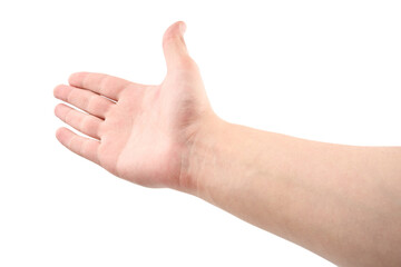Female hand isolated on white background. White man hand showing symbols and gestures.