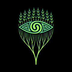 Vector neon psychedelic eye decorated plants and tree. Two spiral and eye - symbols of duality and spiritual vision. Sacred geometry and mental health concept.