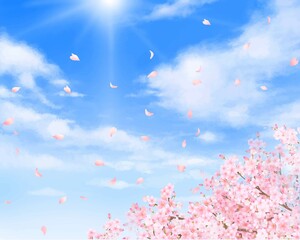 美しく華やかな桜の花と花びら舞い散る春の爽やか青空に光差し込む雲のフレーム背景ベクター素材イラスト
