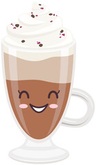 Cute coffee latte with froth and syrup sticker kawaii icon vector design. Adorable hot drink in glass with positive emotion, japanese, oriental culture symbol anime, innocence and childishness