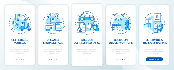 Fototapeta na wymiar How to start courier business blue and white onboarding mobile app screen. Ship walkthrough 5 steps graphic instructions pages with concepts. UI, UX, GUI template. Myriad Pro-Bold, Regular fonts used