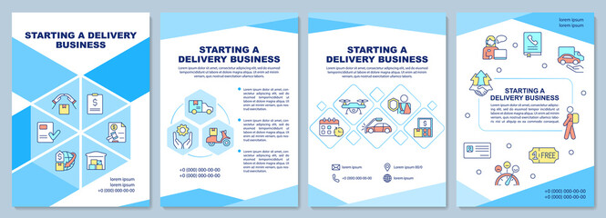 Naklejka premium Starting delivery business brochure template. Shipping service. Booklet print design with linear icons. Vector layouts for presentation, annual reports, ads. Arial-Black, Myriad Pro-Regular fonts used