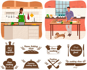 Set of hand writings about kitchen and cooking. Best time, home baking, restaurant food, lets cook. Hand drawn letterings in simple style near people preparing food, creating dishes in kitchen