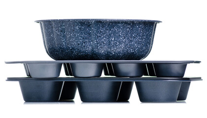 Baking dishes muffins cake on white background isolation