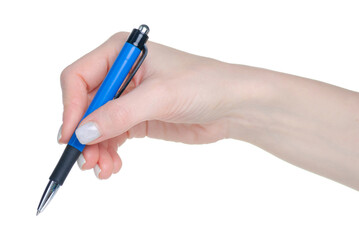 Pen in hand on white background isolation