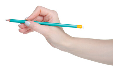 Pencil in hand on white background isolation