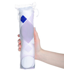 Cotton wadded pads beauty in hand on white background isolation