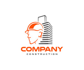 Construction worker at a construction site logo design. Real estate construction and engineering project vector design. Building engineer working on building site logotype