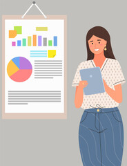 Businesswoman stands in front of screen with chart, statistics. Office worker having creative idea for company finance development. Woman conducts analytics of statistical data, diagram on banner