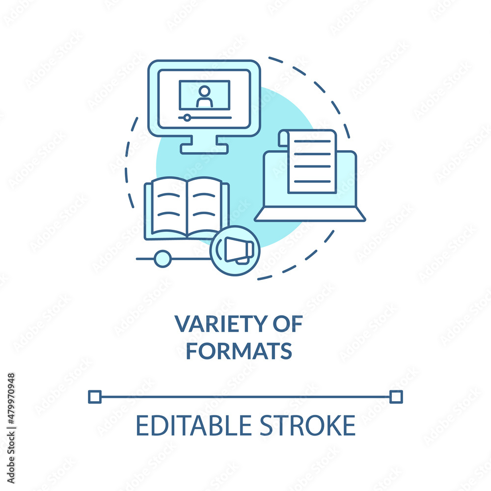 Fototapete variety of formats turquoise concept icon. elearning platforms features abstract idea thin line illu