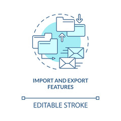 Import and export features turquoise concept icon. Elearning platform abstract idea thin line illustration. Isolated outline drawing. Editable stroke. Roboto-Medium, Myriad Pro-Bold fonts used