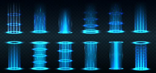 Realistic portal. Level up and teleportation process game effect, futuristic lighting and bright wrap aura. Realistic teleportation portal. Light aura and glowing hologram.