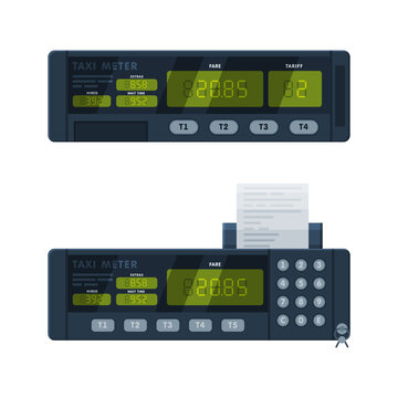 Taximeter as Electronic Device Installed in Taxicab for Calculating Passenger Fare Vector Set