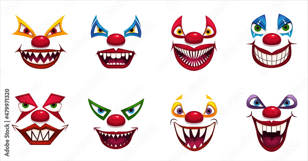 Wall mural crazy clowns faces on white background. fantastic scary clown. isolated on white. scary vector. - Wall murals