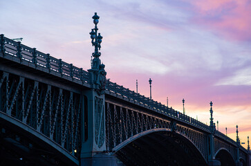 Saint-Petersburg bridges at dawn. Forged fragments of the bridge during White Nights season. St Petersburg attractions. Travel to Russia.