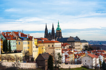 Naklejka na ściany i meble Scenic view historical center of Prague, old town buildings and landmark , Prague, Czech Republic.